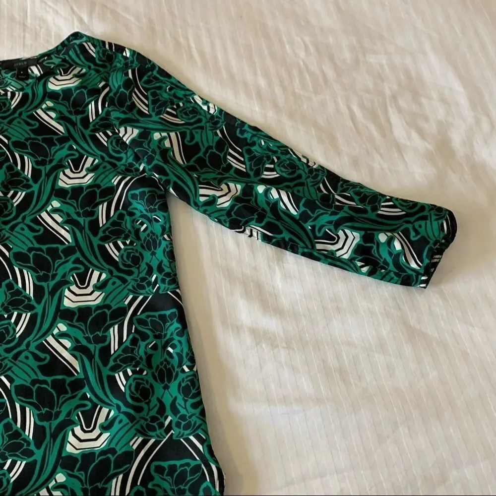 J. Crew Womens Blouse Shirt Green 3/4 Sleeve Retro Floral Popover Size 2